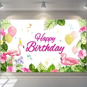 Flamingo Banner, Polyester Birthday Backdrop with Floral Design, Includes White Long Rope - for Luau, Beach Party Decoration and Photo Booth