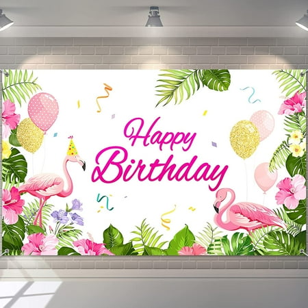 Flamingo Banner, Polyester Birthday Backdrop with Floral Design, Includes White Long Rope - for Luau, Beach Party Decoration and Photo Booth