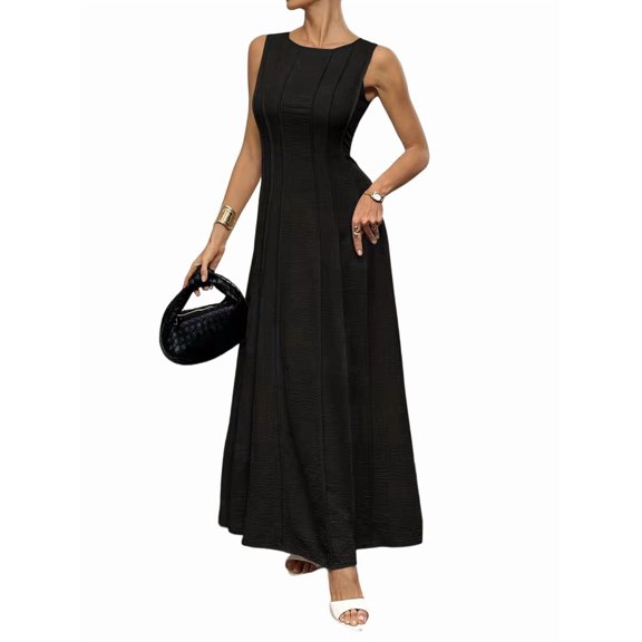 Women's Sleeveless Maxi Tank Crew Neck Folds Dresses Formal Line Dress for Party Summer Black S