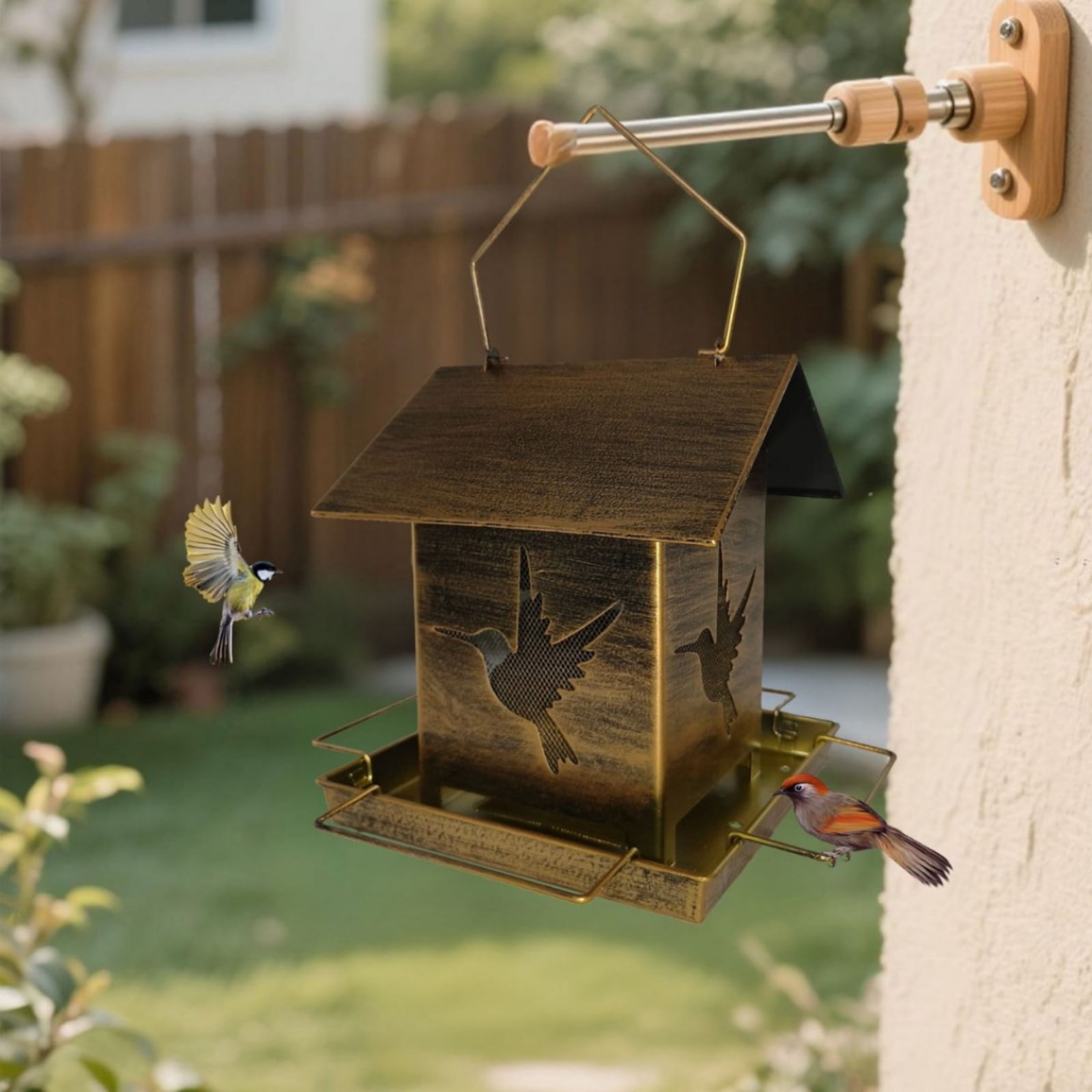 Outdoor Balcony Iron Art Hanging Bird Feeder, Rustic House - Shaped Design with Bird Motif, Easy - to - Hang Feeding Station for Wild Birds, Cardinals, Sparrows, Blue Jays, Finch, Backyard, Patio, Ga