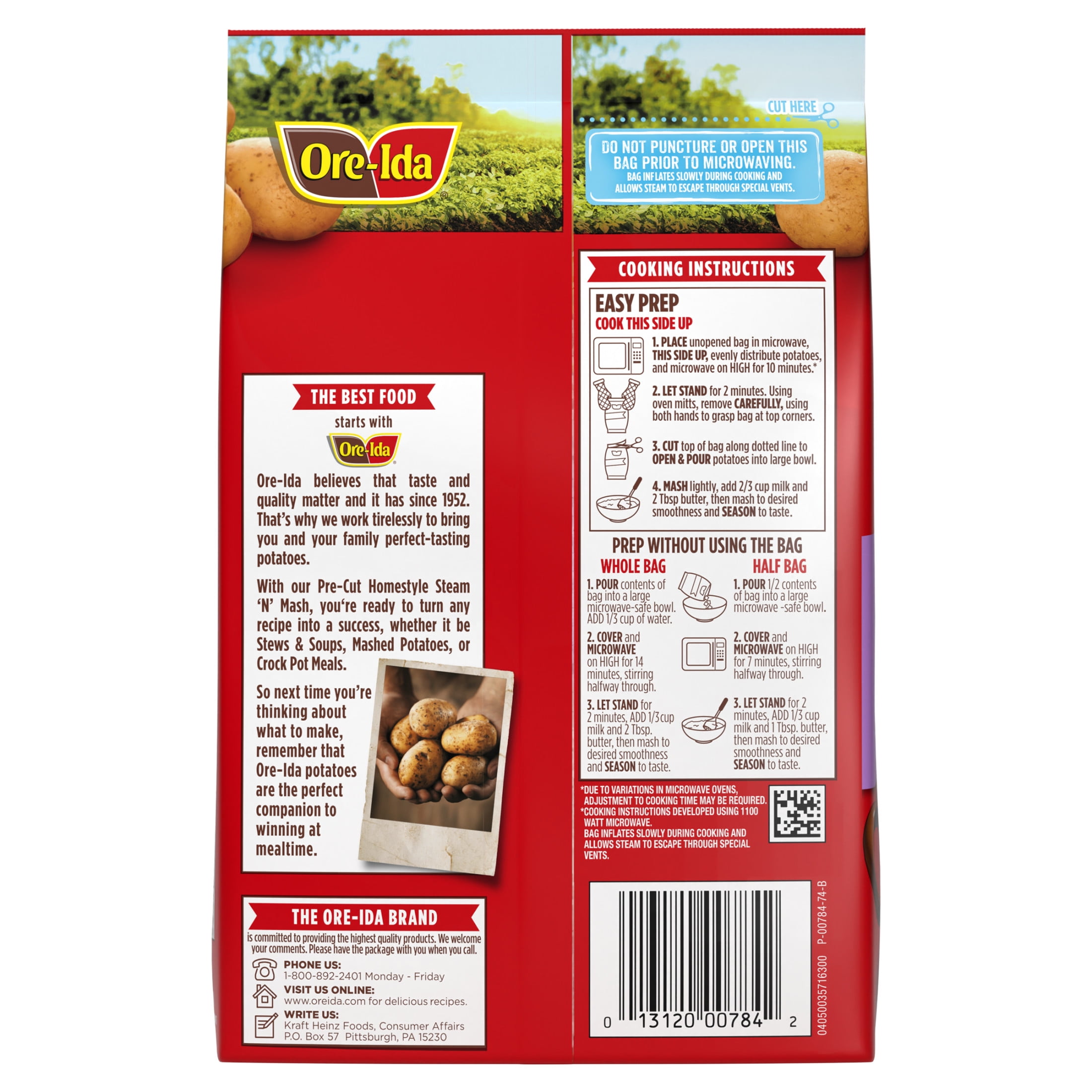 Ore-Ida Homestyle Steam 'N' Mash Recipe Ready Pre-Cut Russet Potatoes Frozen Side Dish, 24 oz Bag