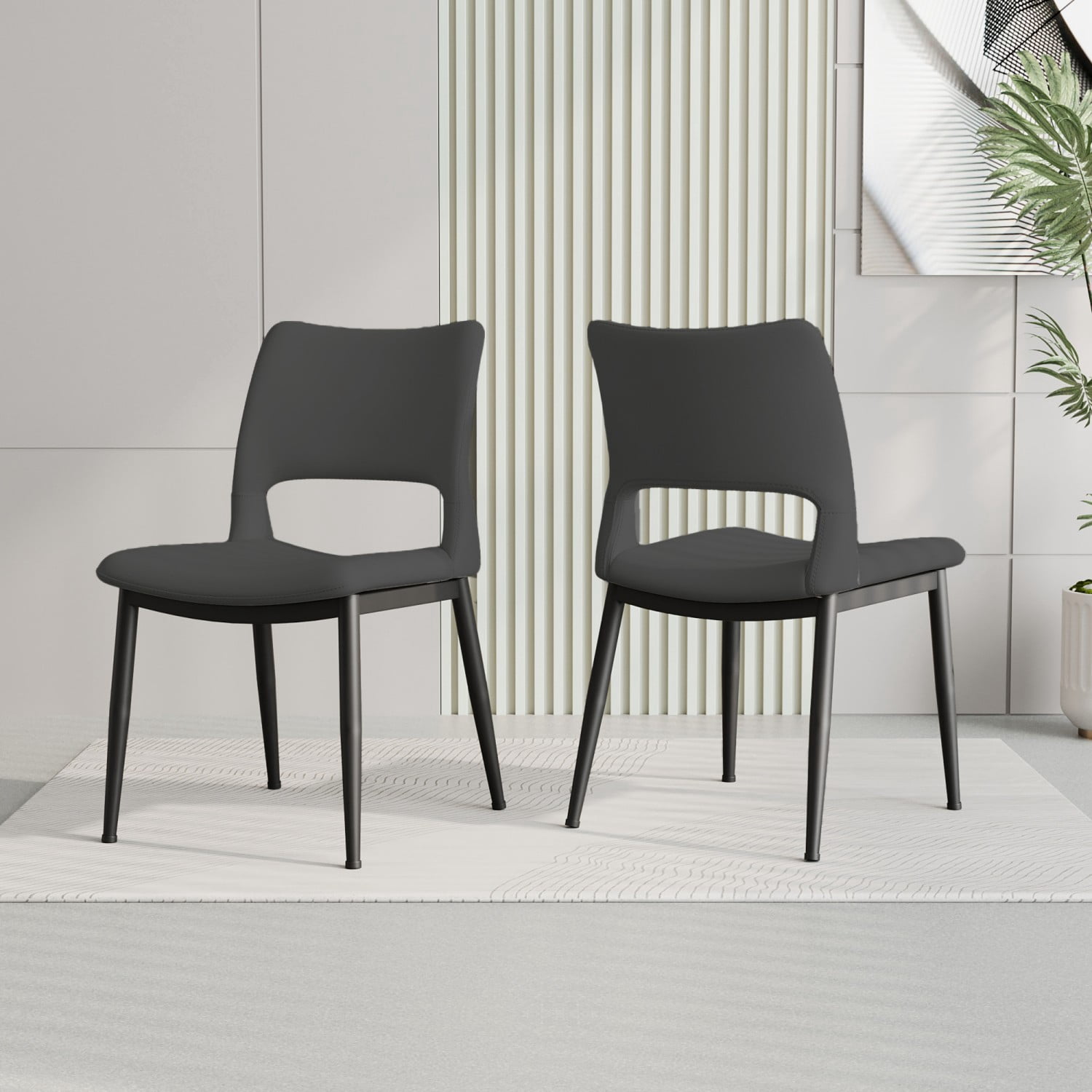 Modern Minimalist Grey PU Leather Dining Chairs Set of 2 Upholstered Kitchen Chairs with Metal Legs Ergonomic Backrest for Dining Room Restaurant Office