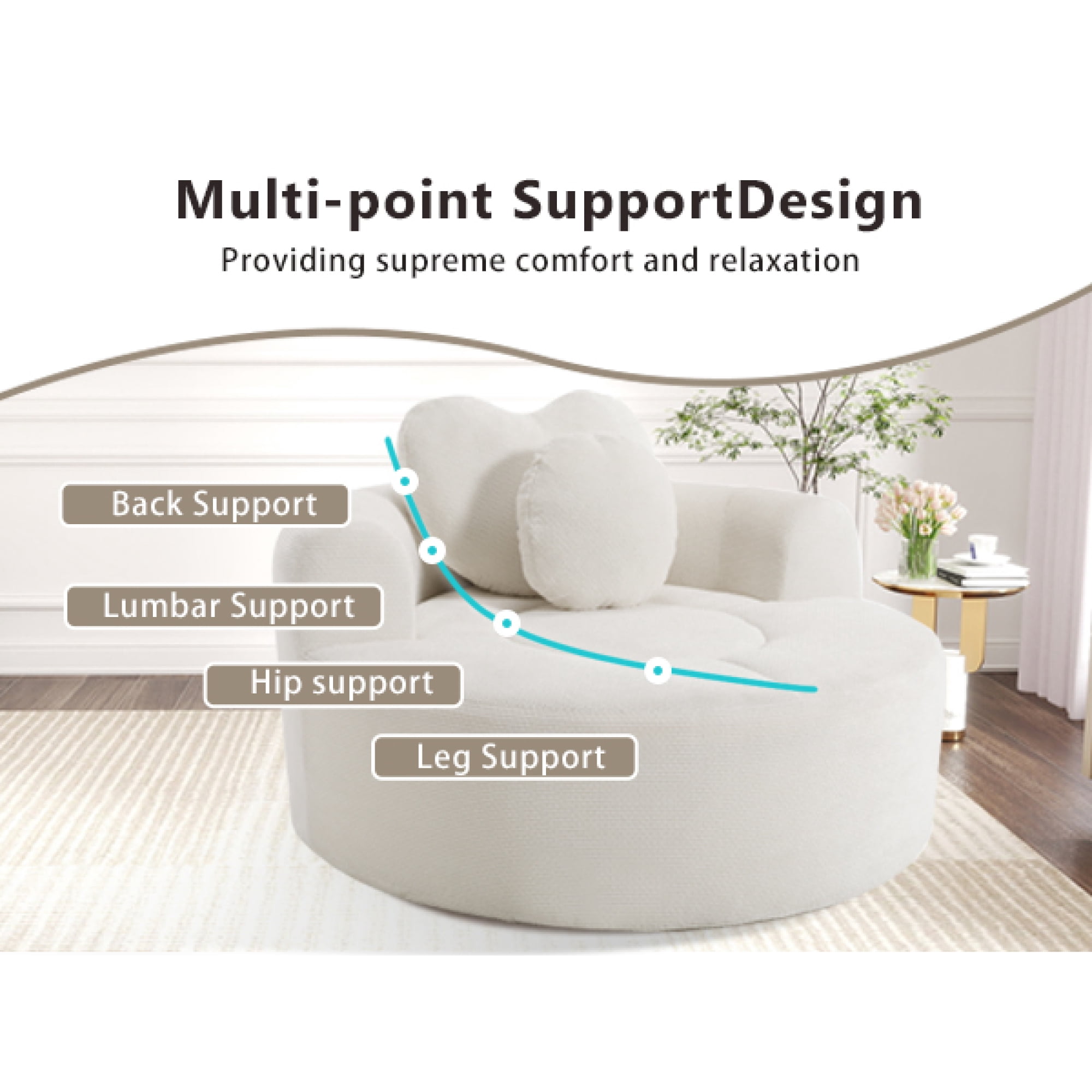Leumius Oversized Round Chair Lounge Chaise Indoor,Upholstered Round Sofa Bed with Memory Foam,Comfy Cloud Circle Chair with Deep Seat for Living Room Bedroom,No Assembly Required,Beige