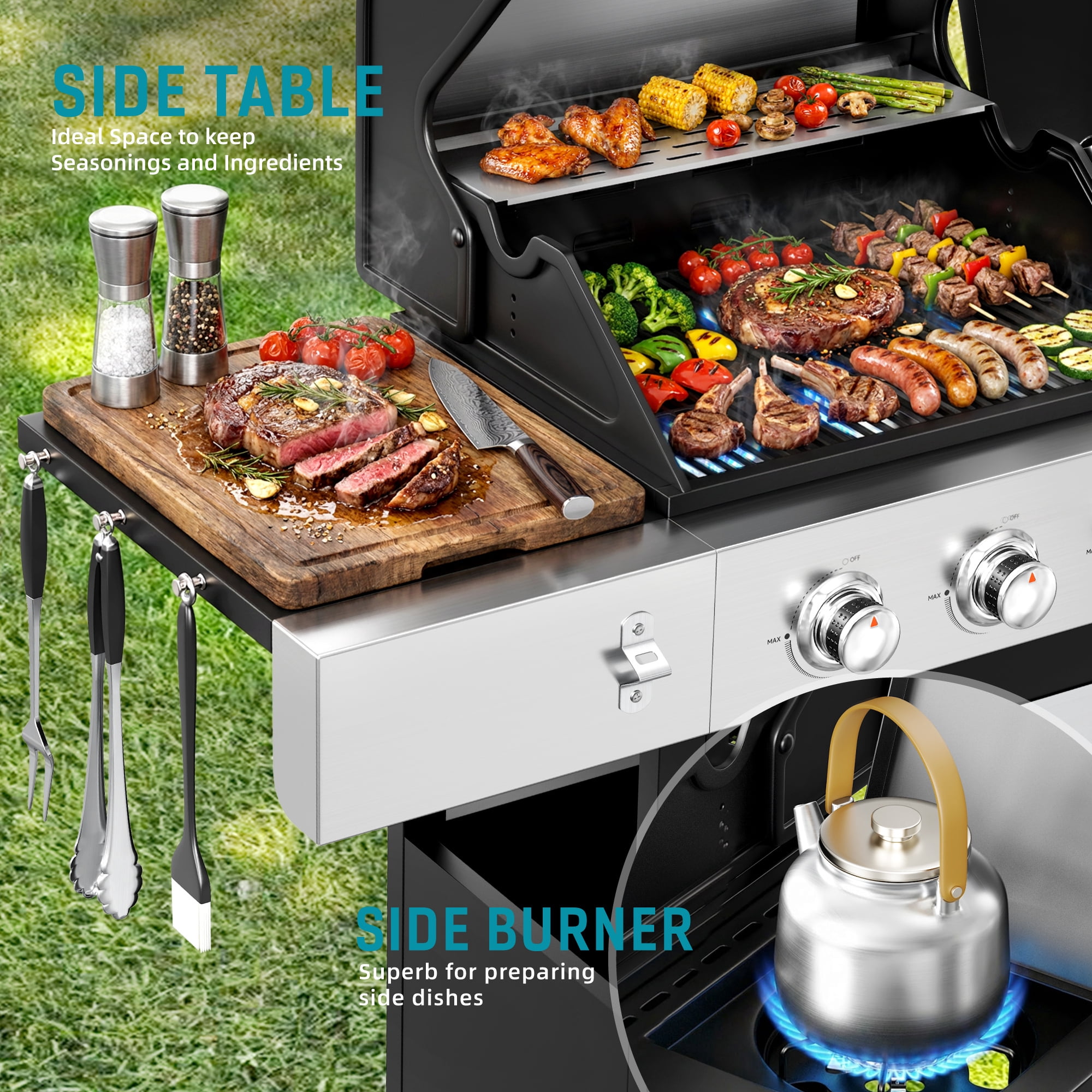 Biotree 4 Burner Gas Grill with Side Burner, 50800 BTU Barbecue Grill Propane Stainless Steel BBQ Grill with Porcelain-Enameled Cast Iron Grates for Outdoor Cooking