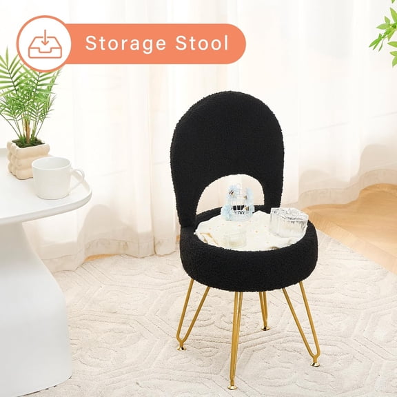 Teddy Velvet Vanity Stool with Storage, Folding Back Makeup Chair, Multi-Functional Upholstered Footstool with 4 Metal Legs & Anti-Slip Feet for Bedroom, Living Room, Entryway