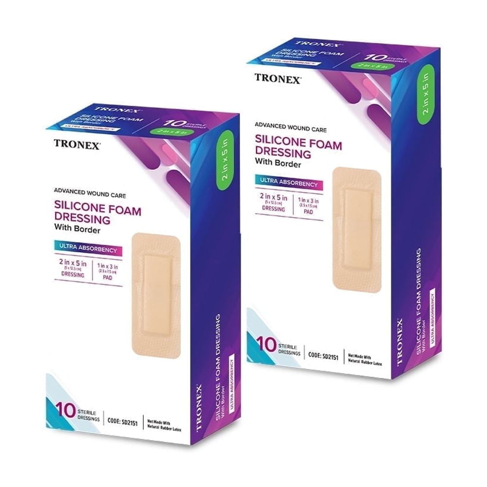 TRONEX SD2151 Silicone Foam Dressing 2”x5”, Adhesive Border, Waterproof, Sterile, Ultra Absorbency, Breathable, Advanced Wound Care, Gentle Removal, Latex Free, Beige, Pack of 20