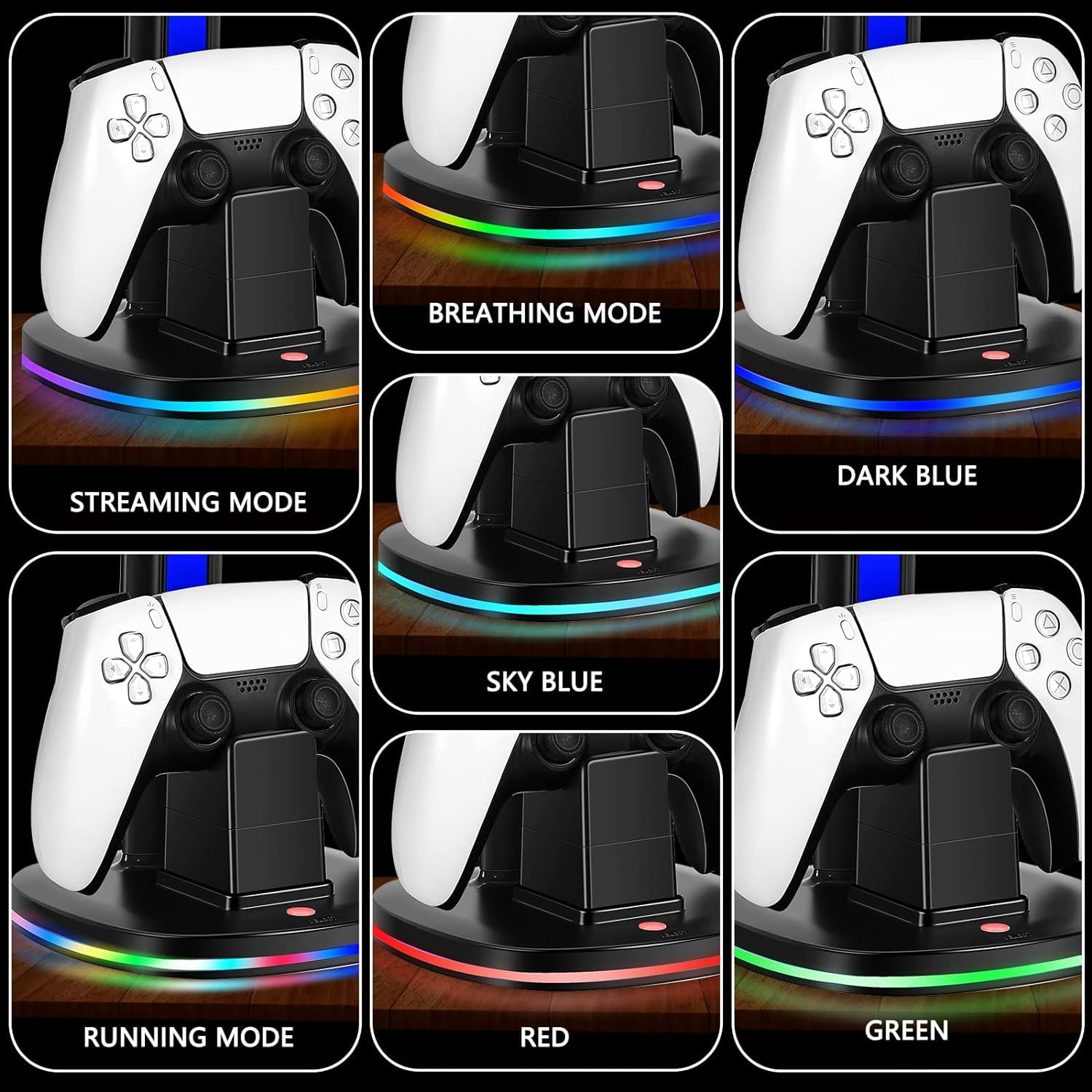 PS5 Controller Charging Station with Headphone Stand, with RGB light and 2 USB Charging Ports