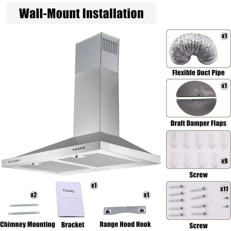 Wall Mount Range Hood 24inch Stainless Steel Kitchen Vent 450CFM 3-Speed  Fan New