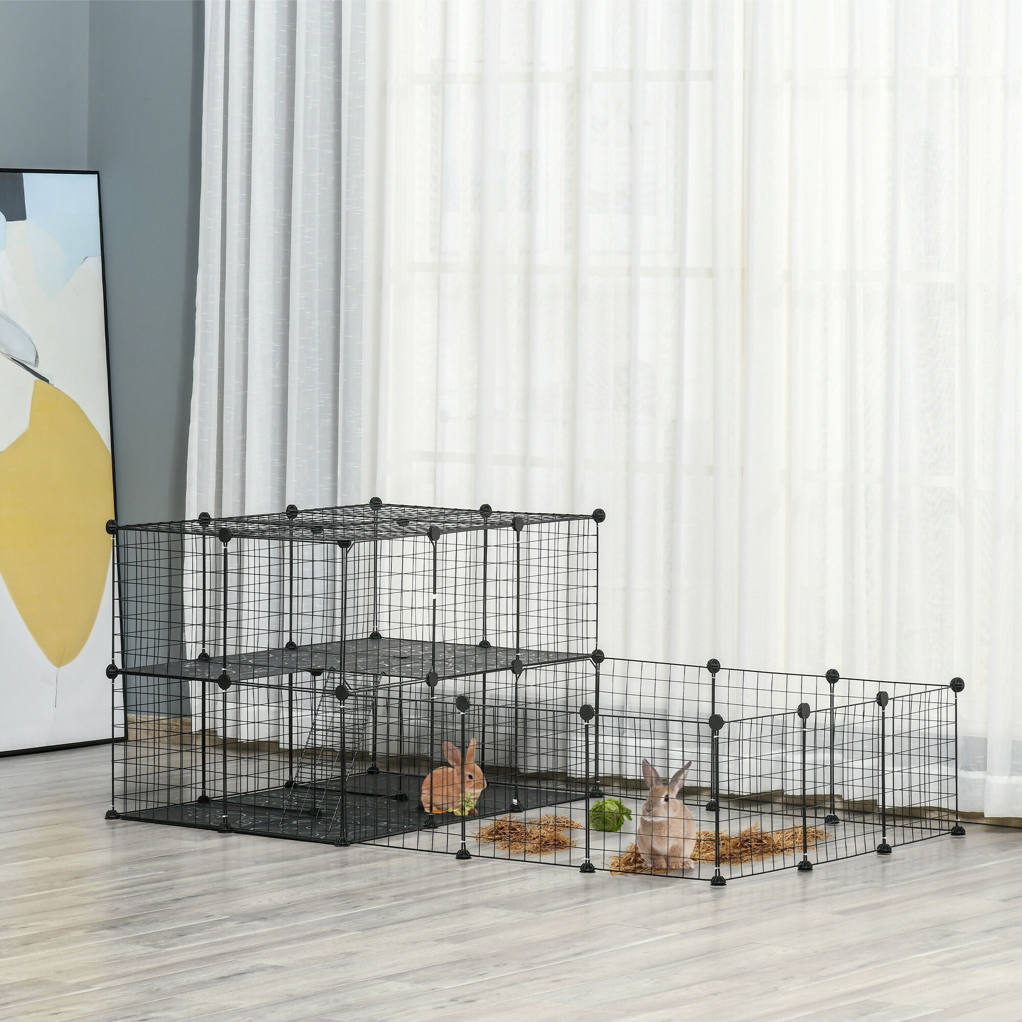 Pet Playpen PawHut 47 Panels Pet Playpen, Small Animal Playpen with Doors, Portable Metal Wire Yard Bunny Pen for Guinea Pigs, Chinchillas, 14" x 14",Guinea Pig Cage
