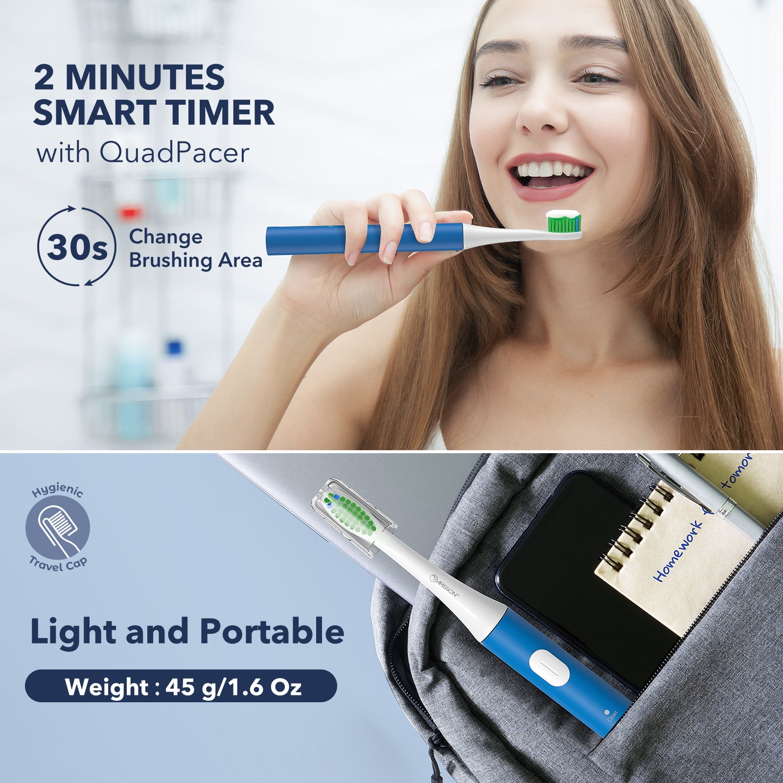 ARISSON Sonic Electric Toothbrush for Adults and Kids, 1.5H Fast Charge for 90 Days, 40,000 VPM Ultrasonic Electric Toothbrushes with 2 Mins Smart Timer, 1.6 Oz Travel Toothbrush, Azure Blue