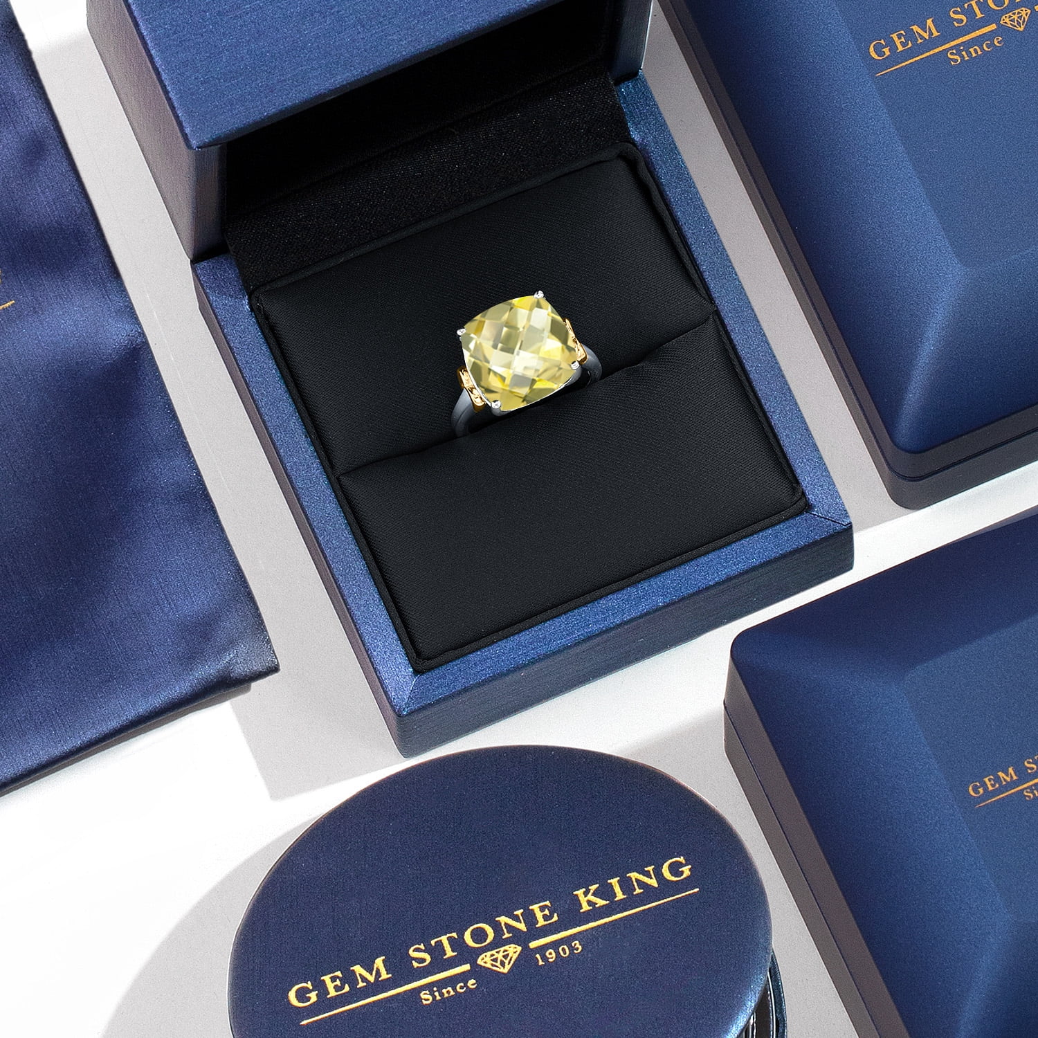 Gem Stone King 925 Silver and 10K Yellow Gold Yellow Lemon Quartz Solitaire Engagement Ring for Women | 6.70 Cttw | Cushion Checkerboard 12MM | Gemstone Birthstone | Size 9