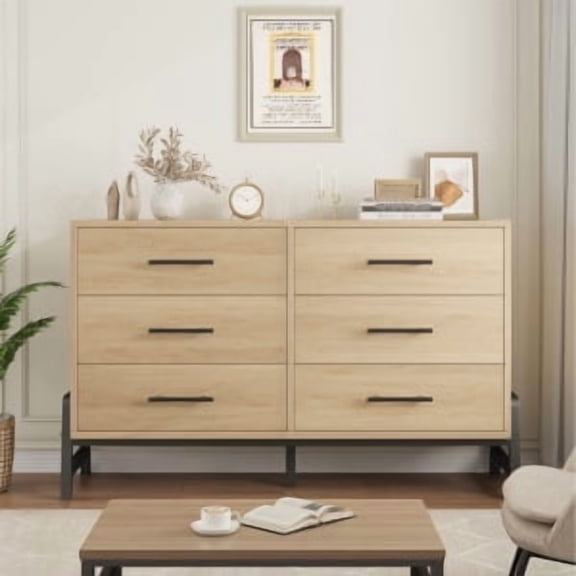 6-Drawer Dresser - 52" Wide MDF & PB Board Chest with R-Shaped Legs, Spacious Wood Grain Storage Cabinet for Bedroom, Living Room, Entryway, Freestanding Organizer