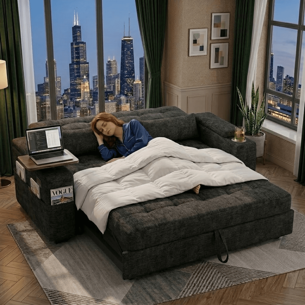 Howcool 65" Sleeper Sofa Bed, 3-in-1 Convertible Pull Out Couch Bed with Tray Table & Cup Holders, Chenille Loveseat Sofa with Adjustable Backrest for Living Room, Apartment(Black)