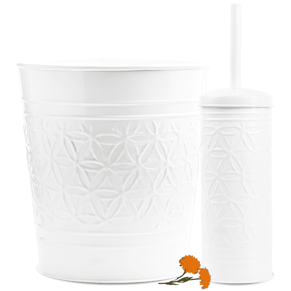 Autumn Alley 2-Piece White Metal Bathroom Set – Trash Can and Toilet Brush with Holder, Farmhouse Embossed Design