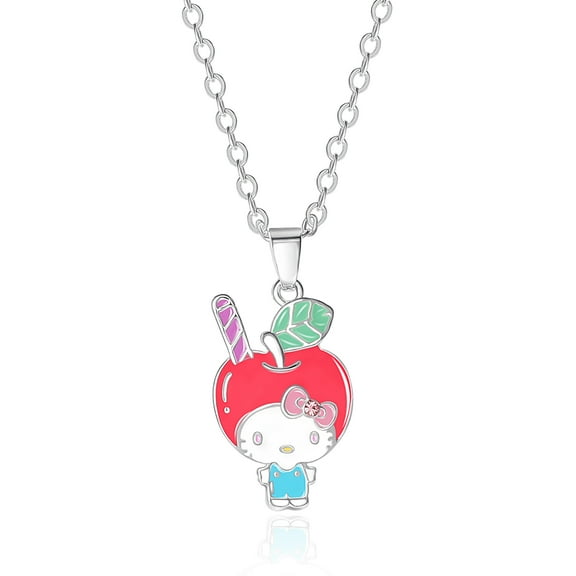 Sanrio Hello Kitty Brass Enamel and Pink Crystal Cafe 3D Apple Head Pendant, 16  2'' Chain