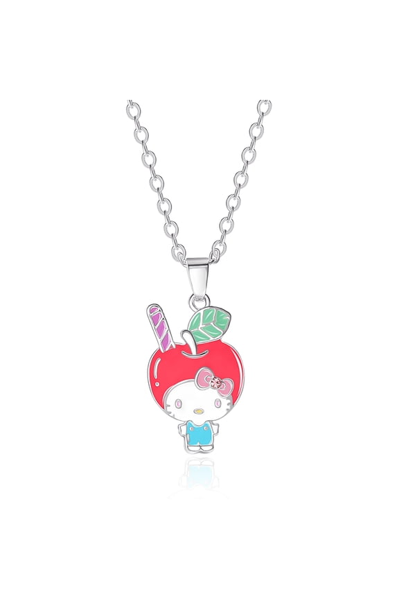 Sanrio Hello Kitty Brass Enamel and Pink Crystal Cafe 3D Apple Head Pendant, 16+ 2'' Chain