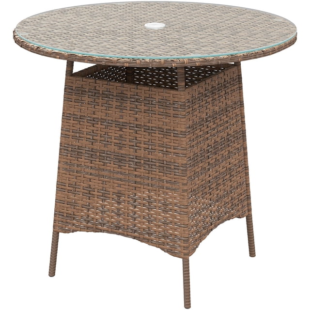 Brown Round Patio Table with Umbrella Hole - 31.5" Bistro Table for Garden, Balcony & Outdoor Dining - Steel & Rattan Coffee Table