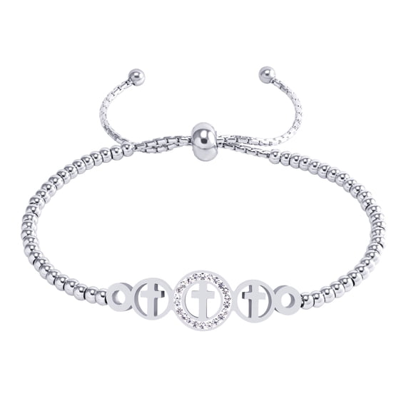 555Jewelry Stainless Steel Cross Bracelet for Women, Adjustable Slide Cuff Bangle Ball Chain Beaded Bolo Cubic Zirconia, Silver