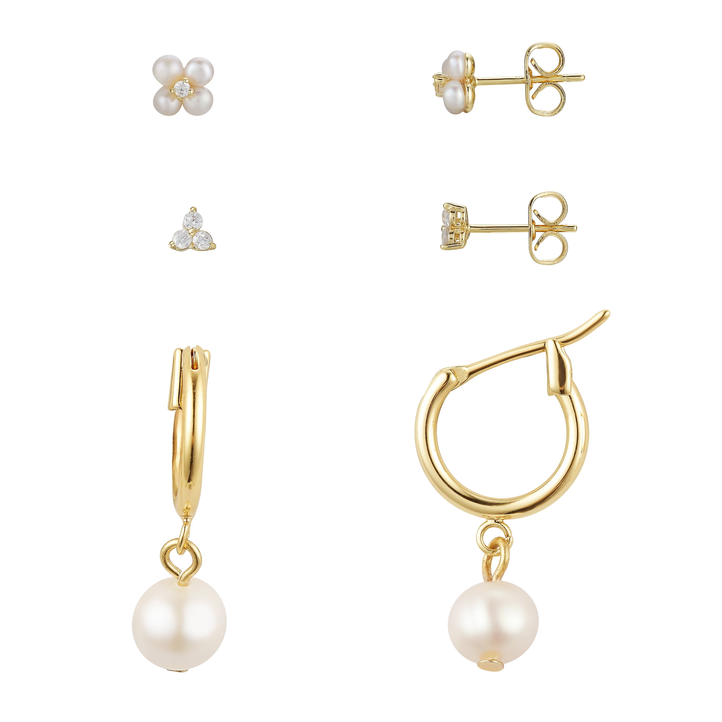 14kt Gold Flash-Plated Cubic Zirconia and Simulated Pearl Hoop Earring Trio