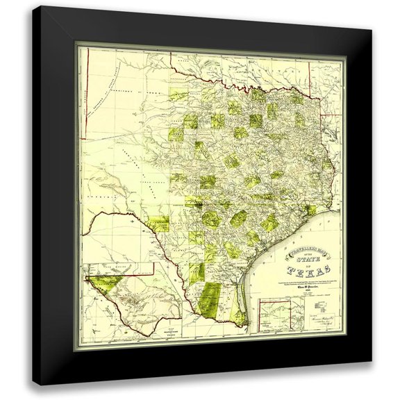 Pressler 12x12 Black Modern Framed Museum Art Print Titled - Travellers Map of the State of Texas 1867
