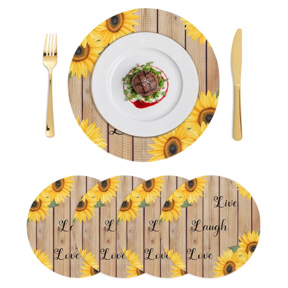 Round Placemats Vintage Sunflower 15 inch Set of 4 Table Mats for Dining Table Country Wood Grain Heat Resistant Non-Slip Kitchen & Home Decorative Place Mat Set