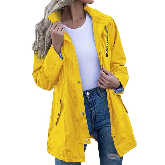 Duoif Rain Jacket Women, Raincoat Women Long Trench Coats Lined Windbreaker Travel Jacket S XXL Jackets for Women Yellow S