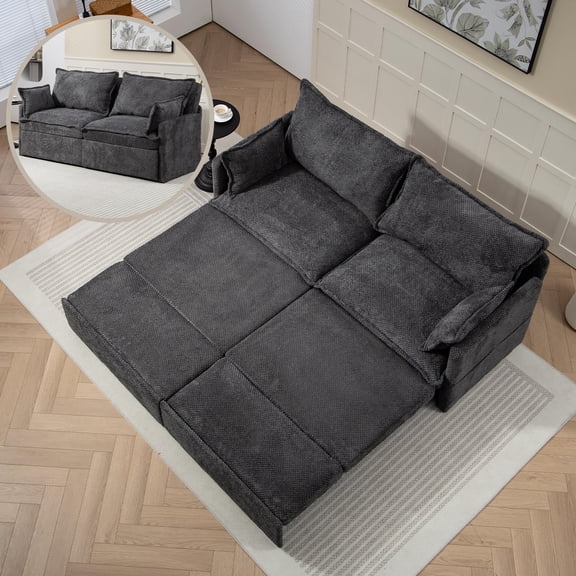 73.6" Modern Grey 3-in-1 Pull Out Sofa Bed with USB Charging Ports – L-Shaped Sofa, Sleeper Couch