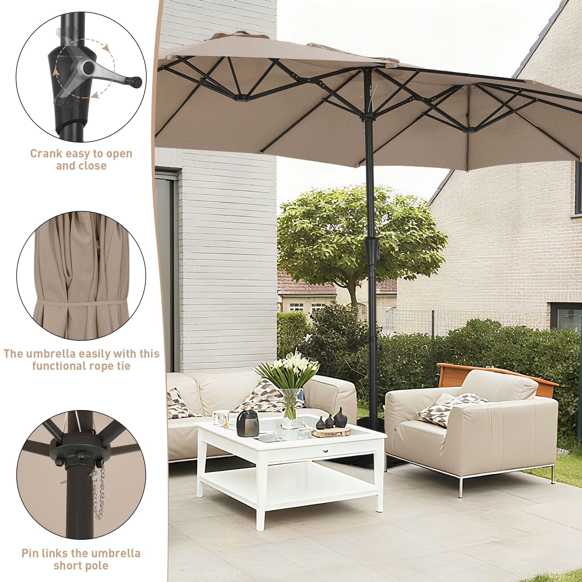 Autlaycil 15' Pool Patio Umbrella and Umbrella Base,Extra Large Umbrella with Crank, for Outdoor, Market, Beach, Garden, Yard, Party, Khaki