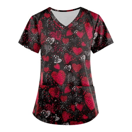 

UDAXB Womens Nursing Scrub Tops Valentine s Day Love Heart Printed Working Uniform Short Sleeve V-Neck Workwear Blouse T-shirt with Pockets