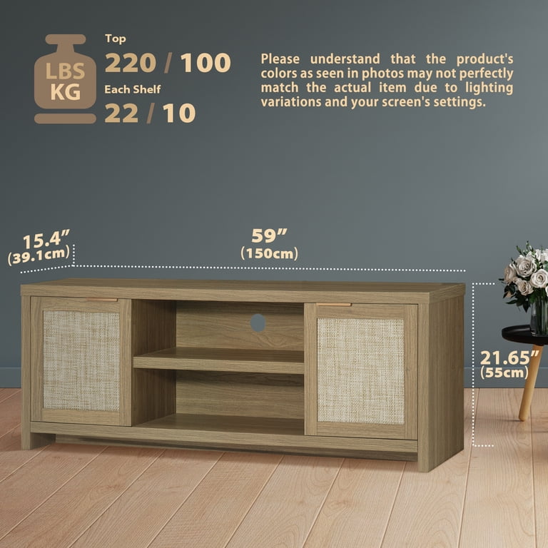 YAUKOMEL Rattan TV Console For TVs Up To 65" - Boho Mid-Century Modern Entertainment Center With Adjustable Shelves, Caramel Oak Finish (58.98"L)