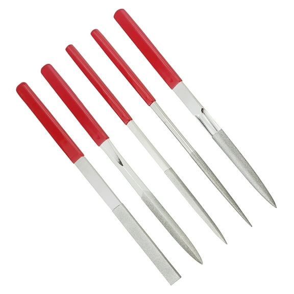 5 piece emery file set with red plastic non-slip handle, hand metal tool, specially designed for fine grinding and finishing of metal, wood, plastic and other materials. The ideal tool for DIY enthus