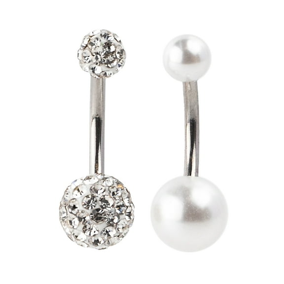Claire's Women's Silver Pearl Fireball Belly Rings, Stainless Steel, 2 Pack, 35393
