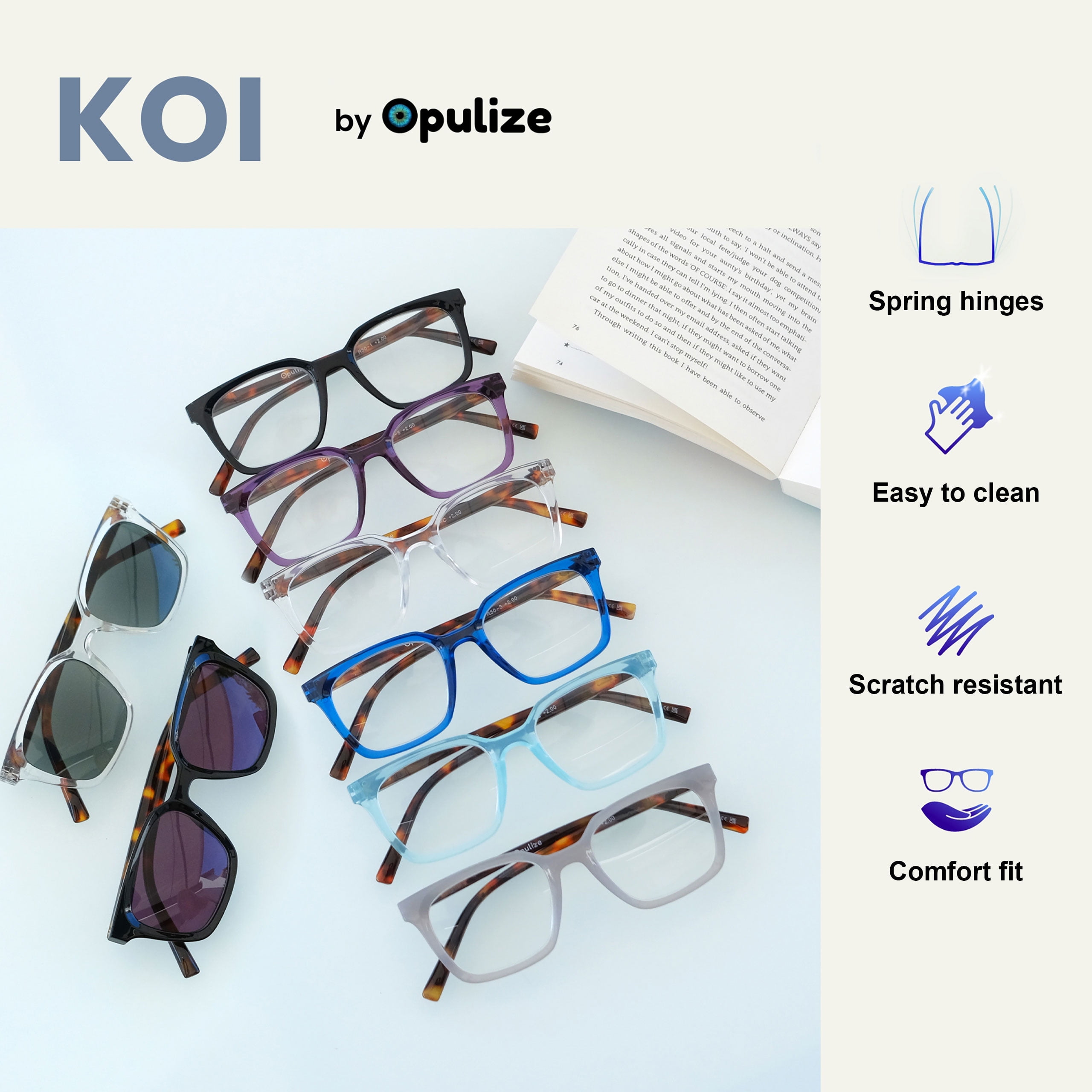 OPULIZE KOI Reading Glasses With Reading Sunglasses 5 Pack - Rectangular Frame - Black-Purple-Clear-Aqua-Clear - Mens Womens - Spring Hinges - RRRRS50-35CQC - +2.50