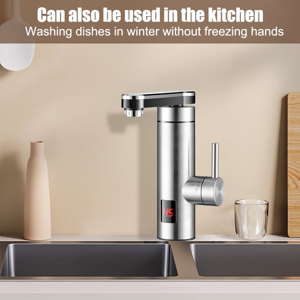 YAHHU Tankless Electric Faucet 3300W Fast Heating Water Tap LED Temp Display 304 Stainless Steel 360 Rotation Single Handle for Bathroom, Silver UK Plug (8.66 inches / 220 mm)