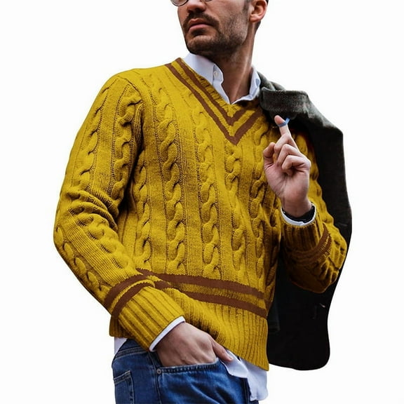 Mens V Neck Sweater Casual Cable Knit Slim Fit Pullover Long Sleeve Fall Winter Sweaters Ginger Yellow M