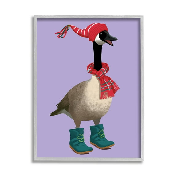 Stupell Industries Festive Winter Goose with Scarf and Hat Animals & Insects Painting Gray Framed Art Print Wall Art, 24 x 30