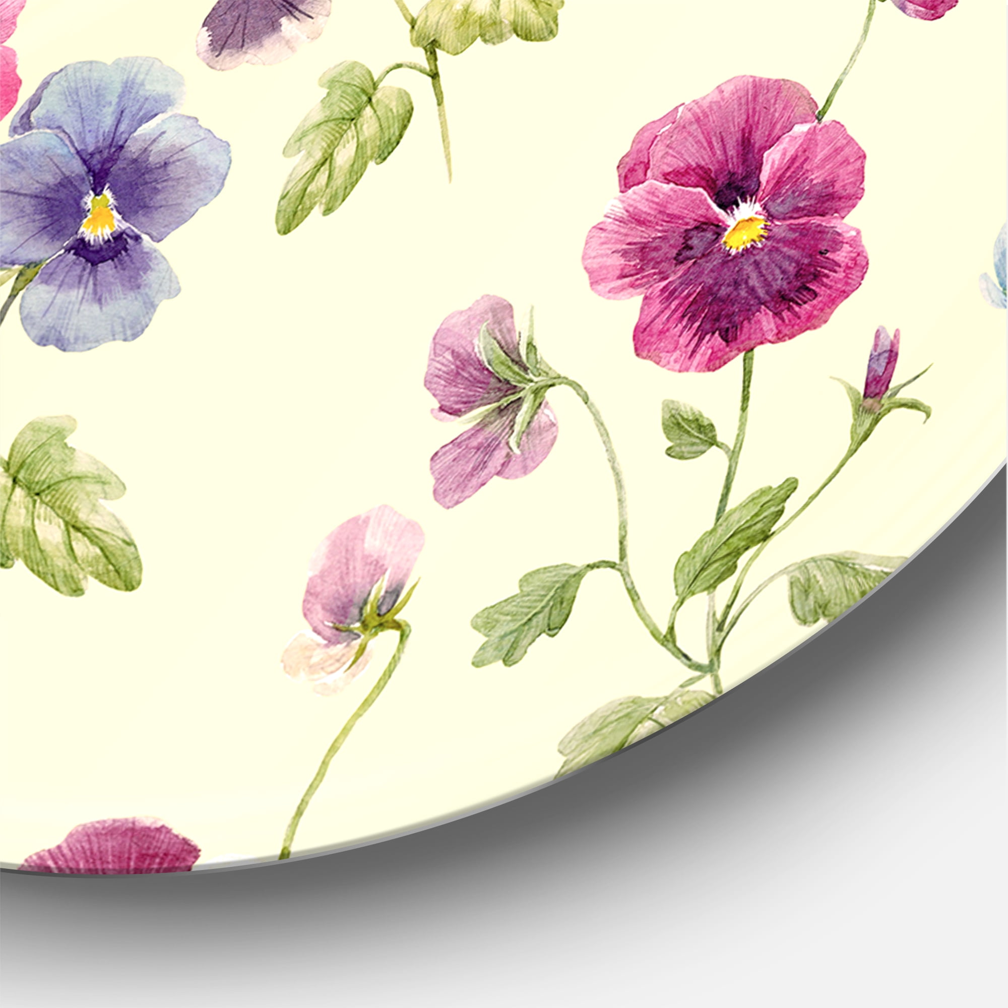 Designart 'Blue and Pink Pansy Flowers I' Traditional Circle Metal Wall Art 11x11 - Disc of 11