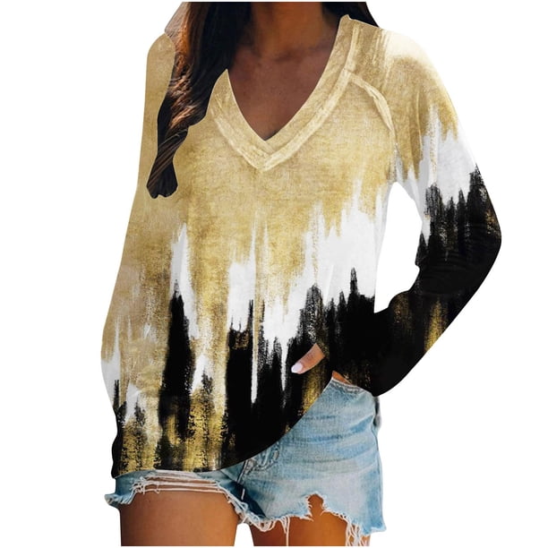 Camisas informales de manga larga para mujer, suéter, túnica suelta, blusa con cuello en V estampado Pompotops gfhjh21591