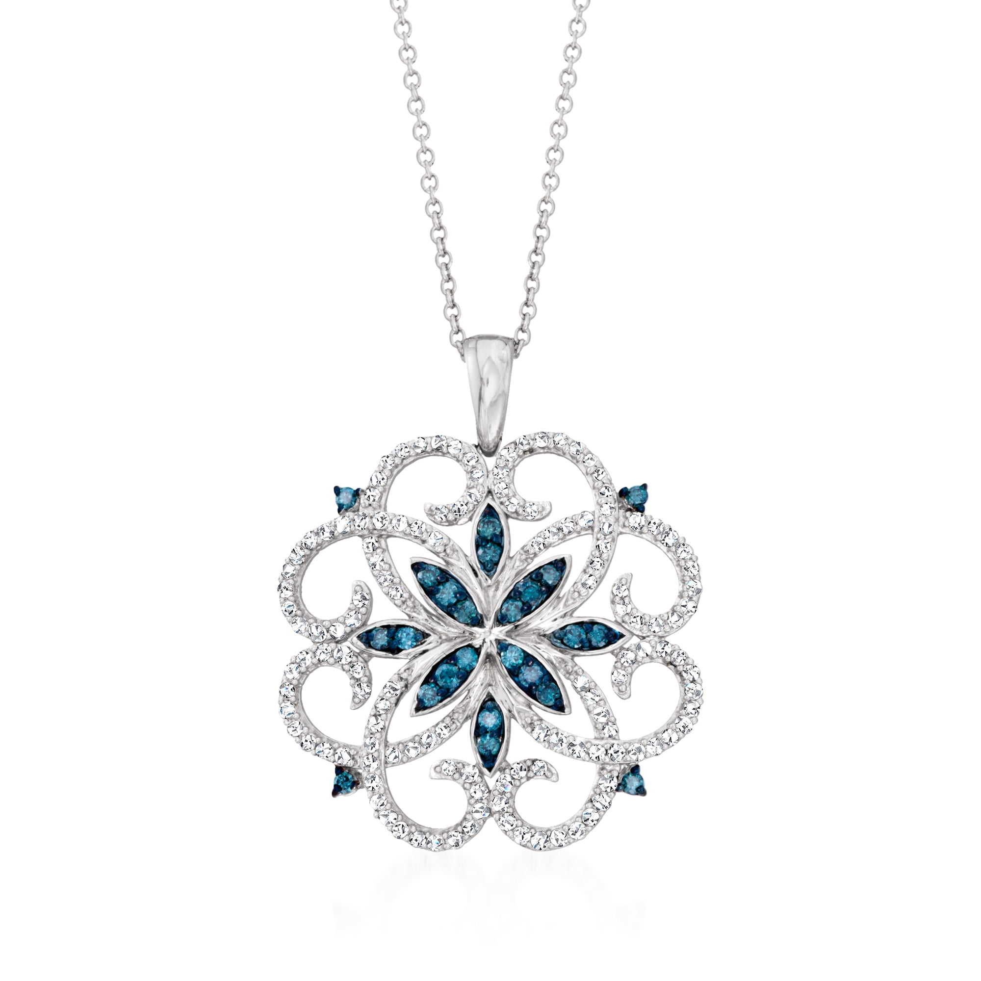 Ross-Simons 0.76 ct. t.w. Blue and White Diamond Scrolling Medallion  Pendant Necklace in Sterling Silver
