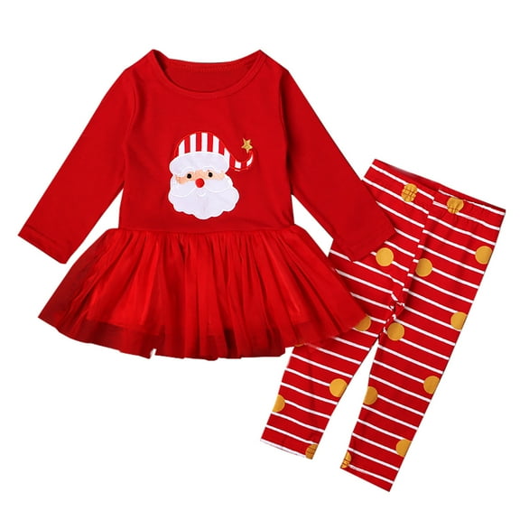 Zwiiyzr Christmas Baby Girl Santa Claus Print Tutu Skirt Tops   Kids Stripe Legging Pants 2Pcs Outfit Sets 18M-6Y Red