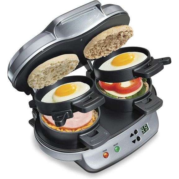 **dual breakfast sandwich maker with timer, ready in 5 minutes, removable dishwasher safe pfas-free non-stick egg cooker ring, silver (25490mna)