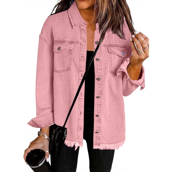 Fashion Denim Shirt Jacket for Women Relaxed Fit Button Down Fringed Hem Long Sleeve Chest Pocket Casual Overshirt Coat Pink S