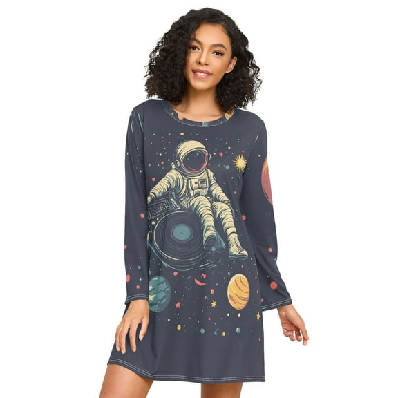 FORMRS Womens Long Sleeve Nightgowns Crew Neck Sleep Shirt Soft Pajamas Sizes S-3XL, Astronaut Space