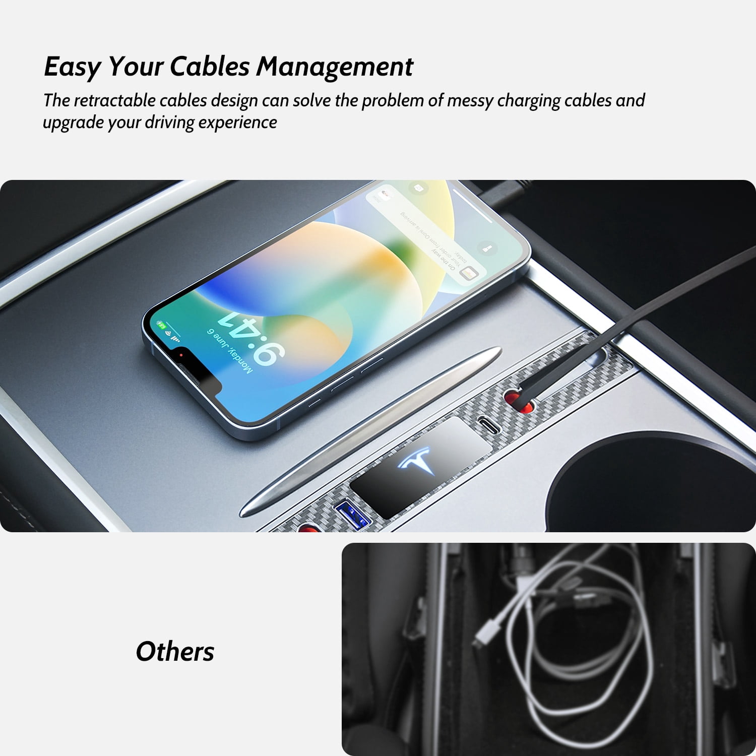 Mowlicas OEM Design for Tesla USB Hub (Silver Gray), Retractable Car Fast Charger is Necessary Tesla Model Y/3 2024/2023/2022/2021 Accessories but Not for Model 3 Highland, Gifts for Tesla Owners…