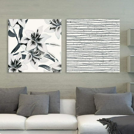 - wall26 2 Panel Square Canvas Wall Art - Floral and Abstract Lines Patterns - Giclee Print Gallery Wrap Modern Home Decor Ready to Hang - 24