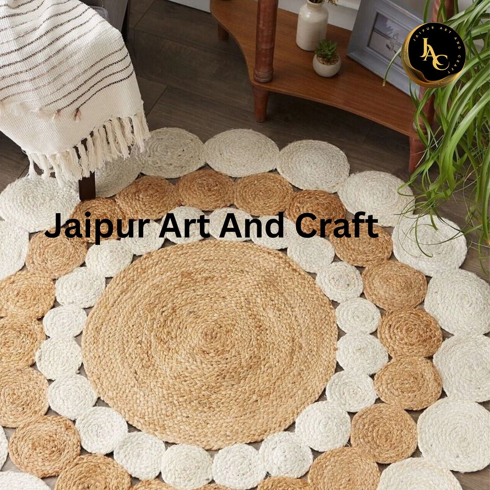 Jaipur Art And Craft Round Area Rug Natural Jute Hand Braided Multi Circle Design Brown, White Carpet (9x9 Sq Ft)