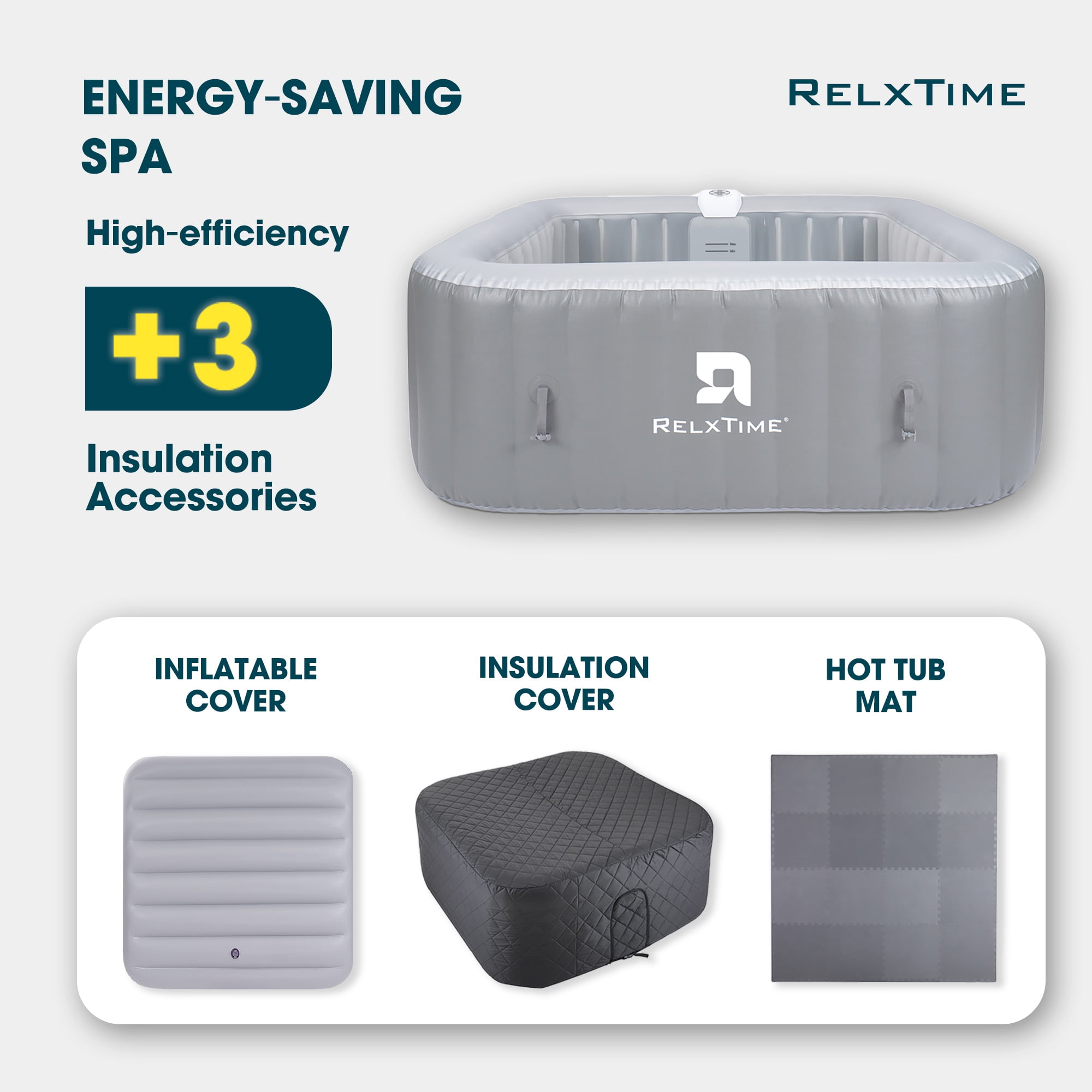 RELXTIME 73" 4-6 Person Inflatable Hot Tub with Energy Efficient Spa Cover/Insulated Cover/Mat