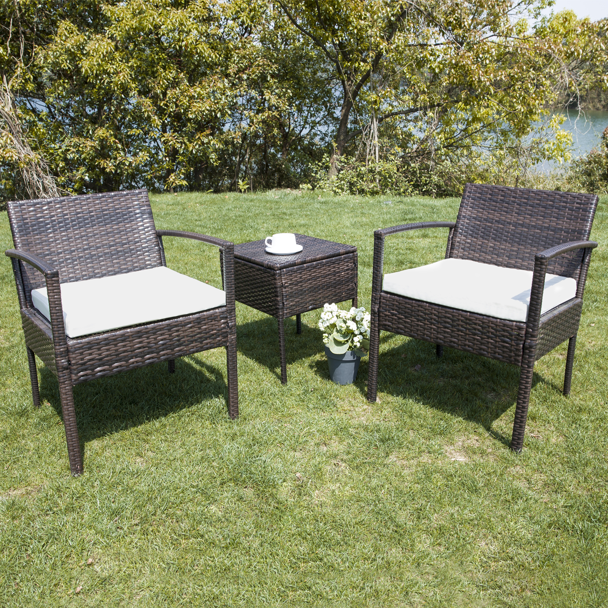 FHFO Patio Furniture Set Outdoor Furniture Outdoor Patio Furniture Set 3 Pieces Patio Conversation Set Table and Chairs with Cushions for Garden Balcony Backyard Porch Lawn Brown Rattan White Cushion - image 4 of 6