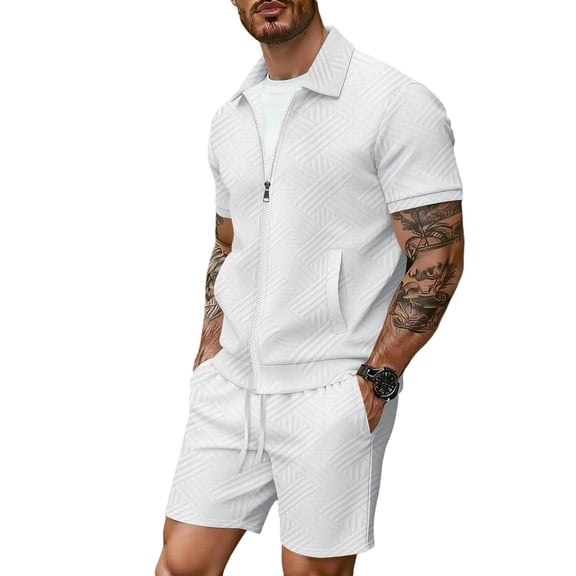 Men's 2 Piece Outfits Zip up Short Sleeve Jacket and Shorts Summer Tracksuit Set Textured White
