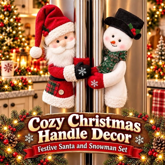 Christmas Santa & Snowman Handle Huggers, Cute Plush Refrigerator Handle Covers, Fits Standard Size, Appliance Handle Covers for Kitchen Oven Cabinet Christmas Decorations